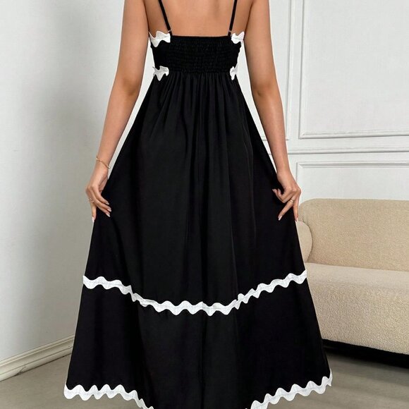 Black Boho Womens Color Block Woven Strap Splice Sleeveless Dress - Picture 2 of 5